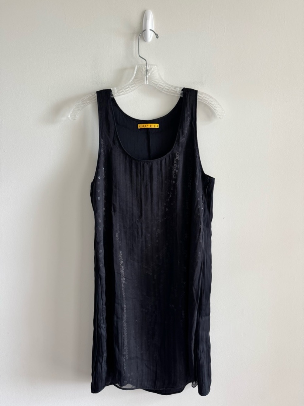 Alice + Olivia Black Silk Chiffon Sheer Overlay Sequin Shift Dress